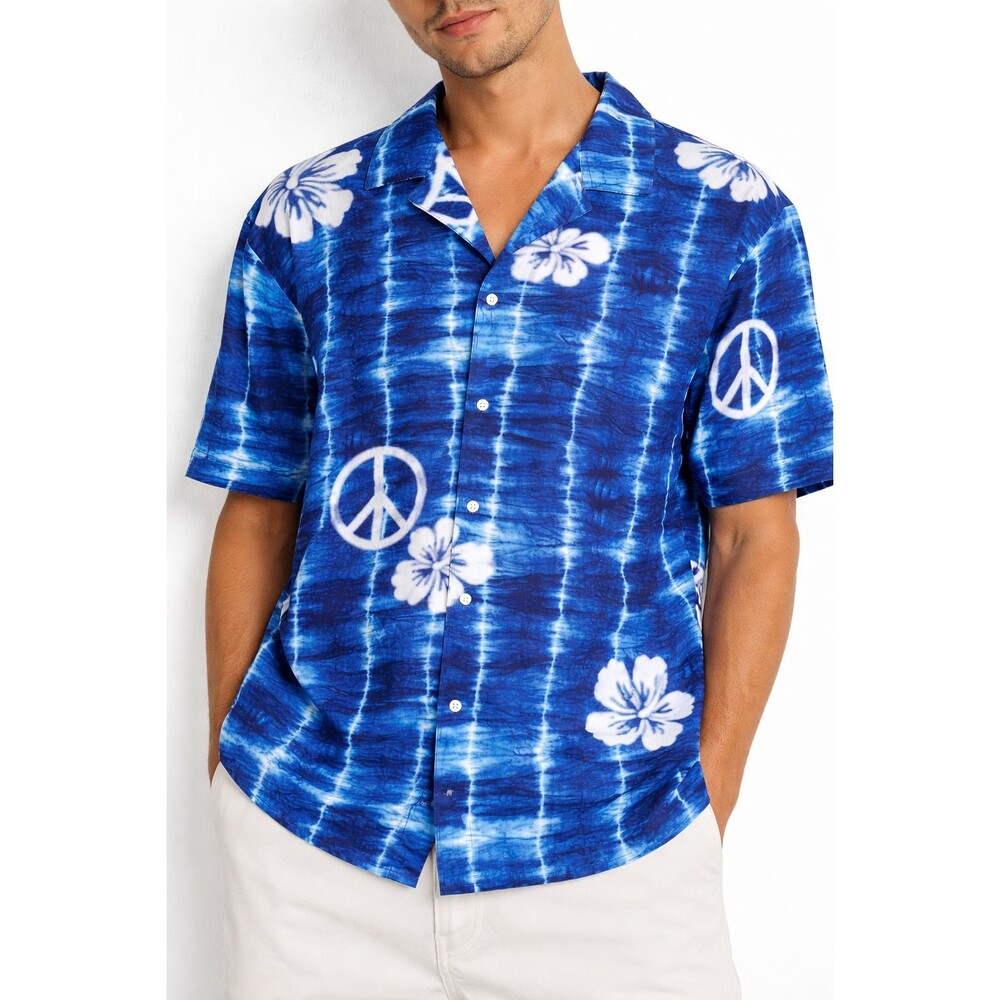 BoohooMAN Blue Tie Dye Hawaiian Shirt Mens Small Peace Sign Floral Button Up NWT